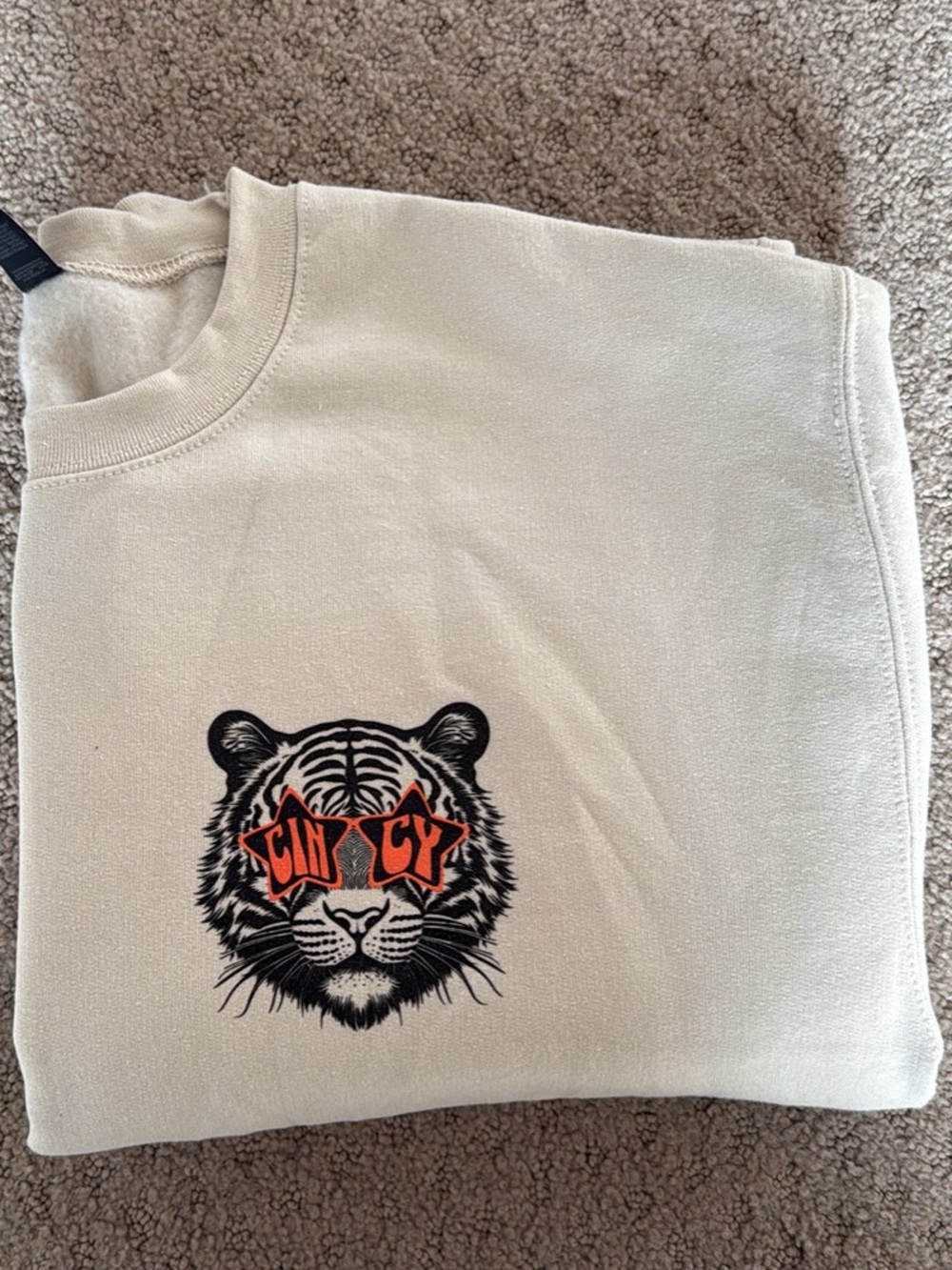 Gildan Cream Crewneck Sweatshirt with Tiger Face and Orange Sunglasses Graphic